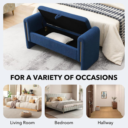 NIOIIKIT 52" Storage Ottoman Bench, Teddy Upholstered Storage Bench with Armrest, Entryway Bench with Pull-Ring, End of Bed Bench, Window Bench for Living Room (Blue)