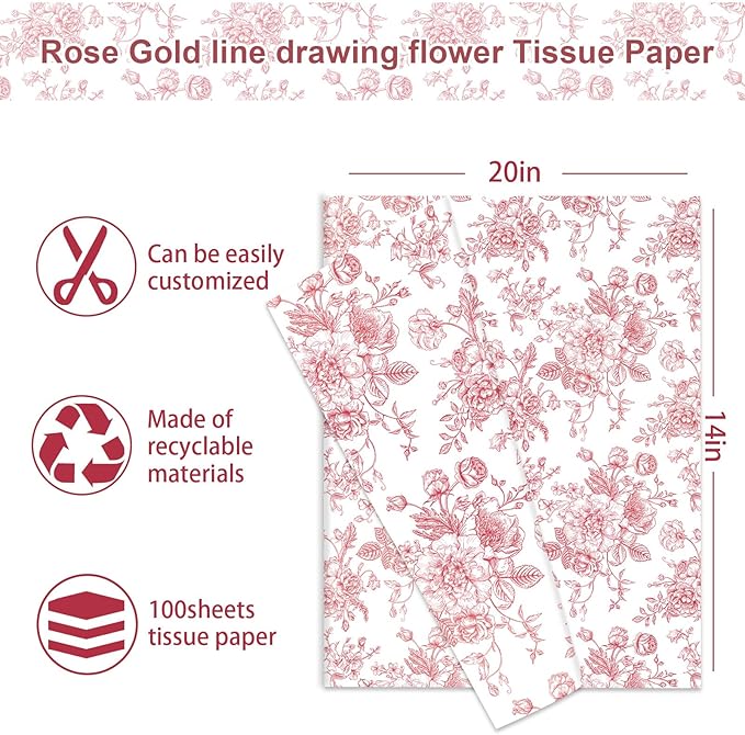 JarThenaAMCS 100 Sheets Floral Tissue Paper Rose Gold Flower Gift Wrapping Paper Vintage Decorative Art Paper for Home Party DIY Crafts Supplies, 14 x 20 Inch