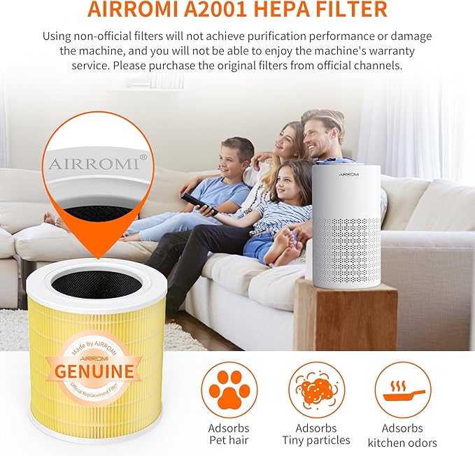 AIRROMI A2001 HEPA Air Purifier Replacement: Original 3-in-1 Filter, Removes 99.97% of 0.3 Micron Particles, Yellow Activated Carbon Filter - Pets & Allergen Specific 1 Pack