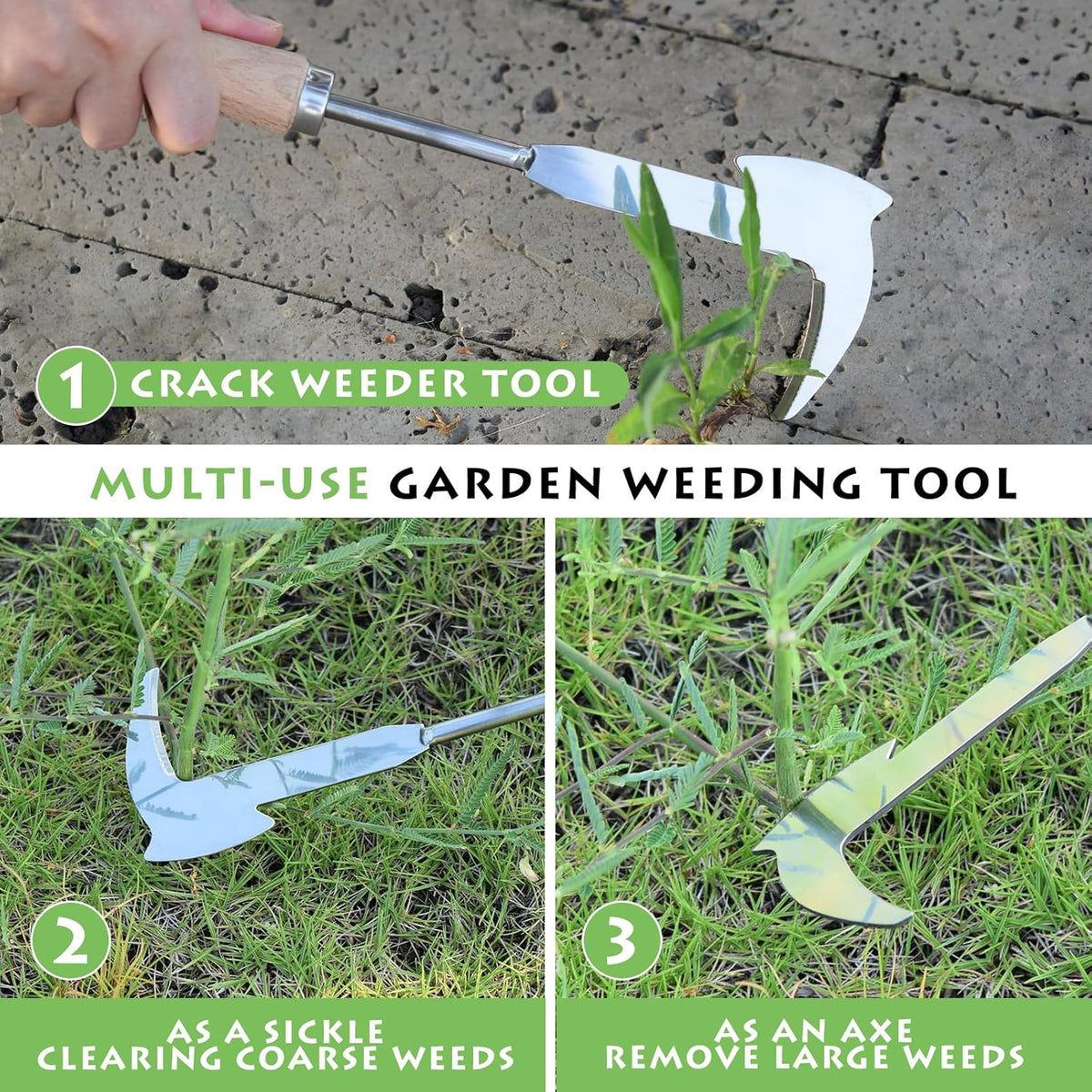 Crack Weeder, 12" Stainless Steel Crevice Weeding Tool with Wood Handle, Axe-Shaped Side-Walk Weed Puller Spatula, for Garden Lawn Yard Patio Terrace Paving Moss, Small Gardening Tool