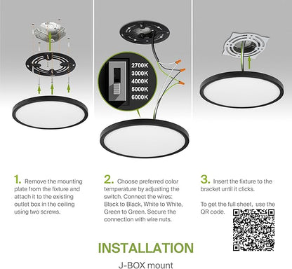 ASD LED 12" Round Flush Mount Ceiling Light Fixture, Low Profile Surface Lighting | 5CCT, Dimmable, Ultra-Thin, ETL Listed | 24W 2000LM 2700-6000K 100-277V | Kitchen, Hallway Lamp | Black, 4 Pack