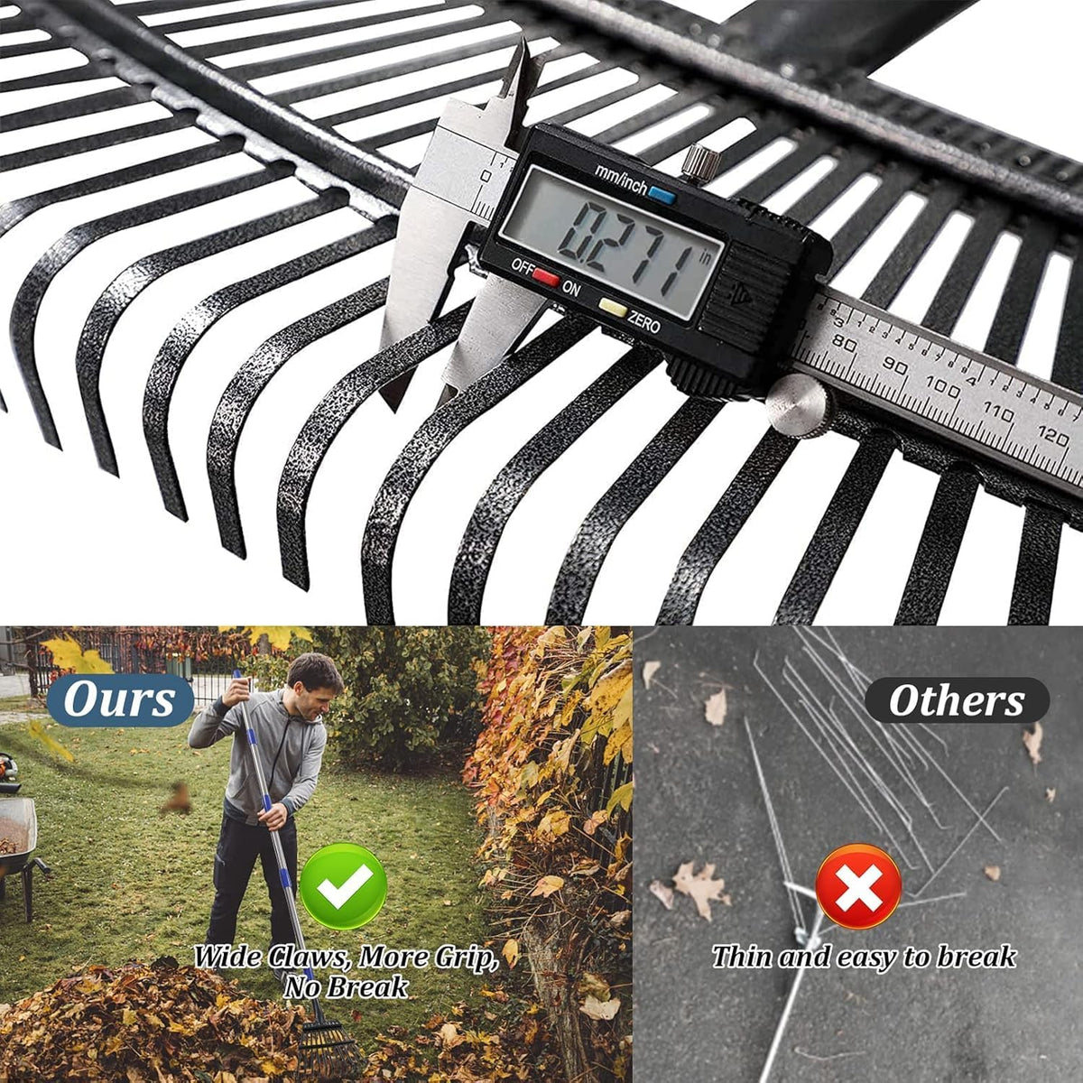 Garden Rake for Leaves, Leaf Rakes Heavy Duty for Yard,Lawn,Shrub,Grass,Mulch, 18" Metal Head,6ft Adjustable Long Handle,Adults Kids Rake for Gardening