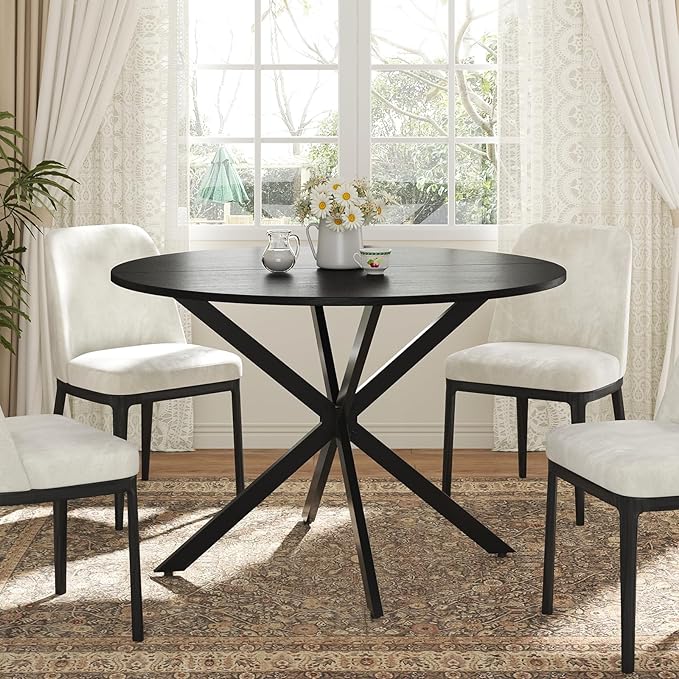 Unovivy 47" Round Dining Table for 4-6, Space Saving Circle Kitchen Dinner Table, Industrial Mid Century Modern Dining Room Desk for Kitchen, Apartment, Black