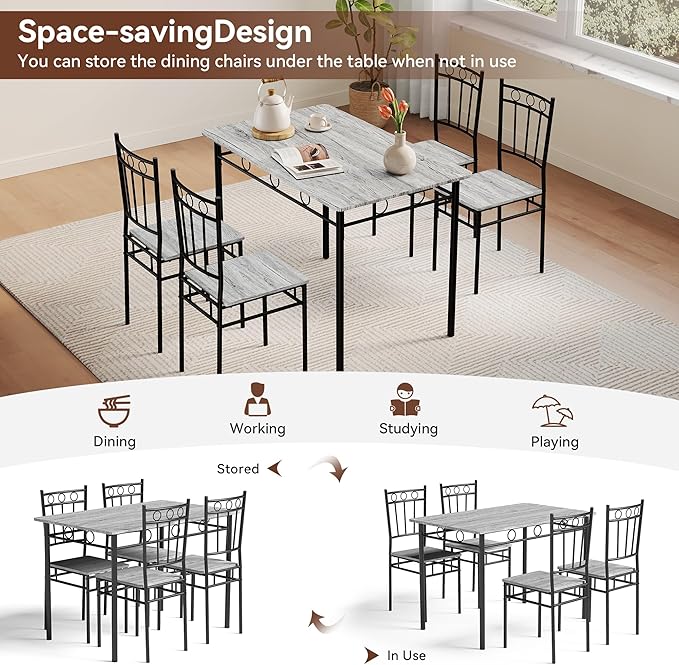 Kitchen Dining Table Set for 4, 5-Piece Kitchen Table Set,Dining Room Table Sets,Rectangular Kitchen Table Set with 4 Chairs for Small Space, Dinette,Apartment,Rustic Grey