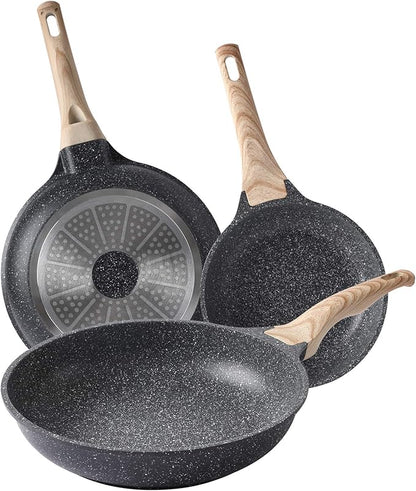 Nonstick Frying Pan Skillets 3-Piece Set 8/9.5/11 inch, Granite Coating Omelette Pan, 100% PFOA free Cookware Pan, Non Stick Stone Frying Pan Skillets Set