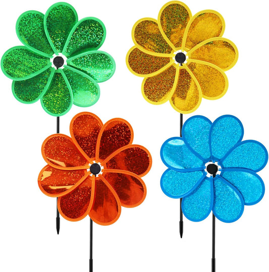 4PCS Flower Wind Spinner Sparkly Lawn Pinwheel 11.8 inch Colorful Green Yellow Orange Light Blue Garden Windmill for Garden, Party, Outdoor, Yard Decor
