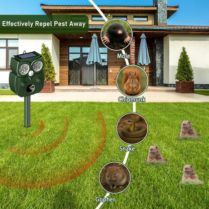 Animal Repellent Outdoor Solar Powered, Ultrasonic Deer Squirrel Skunk Rabbit Rodent Dog Deterrents Waterproof Animal Repeller, Pest Control for Gardens, Deter Mice, Snake, Squirrels, Rodents