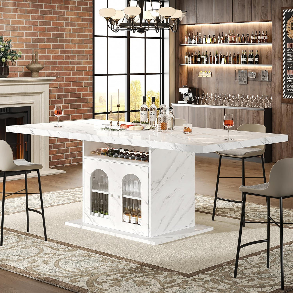 HSH Dining Table for 4–6, 63" Modern Kitchen Dining Room Table with Storage Shelves & Acrylic Door Cabinet,Wood Rectangle Dinner Table with Faux Marble Top for Home Apartment, White Faux Marble