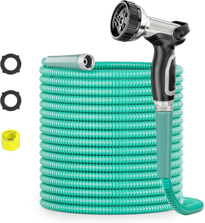 SPECILITE 50ft 304 Stainless Steel Garden Hose Metal, Heavy Duty Water Pipe with Nozzles for Yard, Outdoor - Flexible, Never Kink & Tangle, Puncture Resistant (Aqua)
