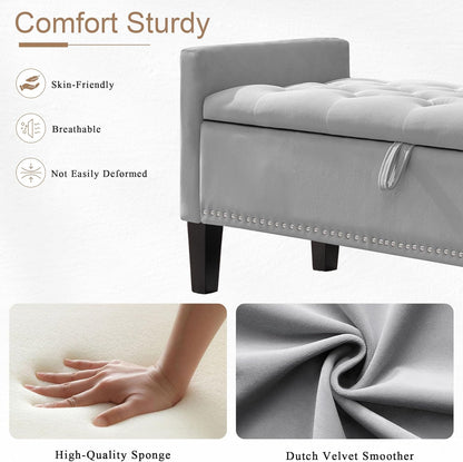 51" Storage Ottoman Bench, Velvet Large End of Bed Bench with Arms, Modern Storage Bench for Living Room, Bedroom, Entryway, Window, Holds up to 500 lb