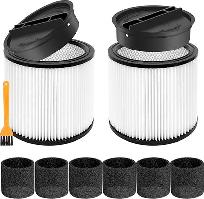 Replacement Cartridge Filter Compatible with Shop Vac 90304, 90350, 90333,90585, 2 Vacuum Filters + 2 Lids + 6 Foam Sleeve Filters Fits 5 Gallon and Above Wet/Dry Vacuum Cleaners