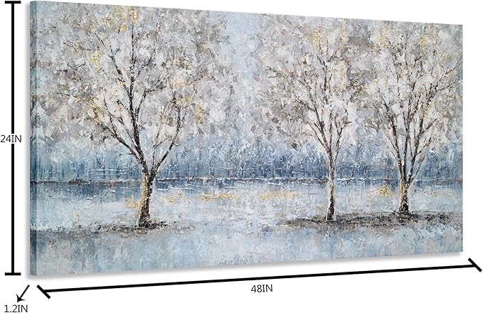 NdcSkyArt Blue Grey Tree Paintings Hand Painted Canvas Wall Art with Gold Foil Modern Abstract Grey Contemporary Rustic Farmhouse Family Tree Landscape Pictures Scenery Artwork