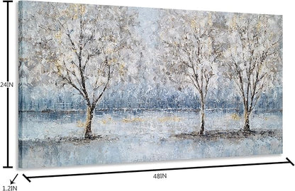 NdcSkyArt Blue Grey Tree Paintings Hand Painted Canvas Wall Art with Gold Foil Modern Abstract Grey Contemporary Rustic Farmhouse Family Tree Landscape Pictures Scenery Artwork