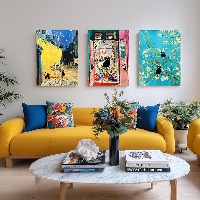 FASWQ Whimsical Black Cat Wall Art, Van Gogh Matisse Picasso Wall Decor, Funny Bathroom Canvas Paintings, Cute Animal Aesthetic Pictures for Living Room Kids' Room Framed Ready to Hang 16"x24"x3
