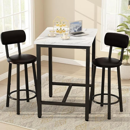 Dining Table Set, 23.6” Square Faux Marble Table with 2 PU Upholstered Backrest Chairs, 3-Piece Kitchen Dining Room Set for Small Spaces, Kitchen, Restaurant Furniture, White