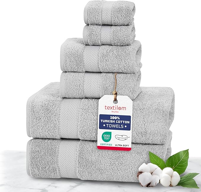 TEXTILOM 100% Turkish Cotton 6 Pcs Luxury Bath Towels, Soft & Absorbent Bathroom Towels Set (2 Bath Towel, 2 Hand Towel, 2 Washcloths)- Light Grey