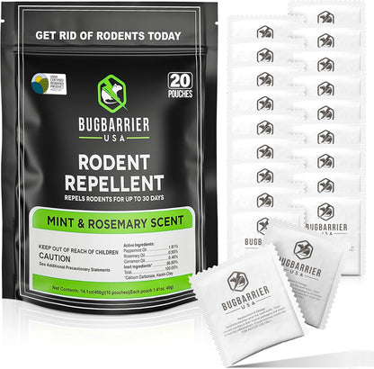 BugBarrier's Extra-Strength Mouse Repellent Deterrent Pouches, USDA 99% Biobased, Peppermint & Rosemary Oils Repel Mice Nesting in Car, RV, Boat, Garage, Shed, Cabin Made in The USA (Pack of 20)