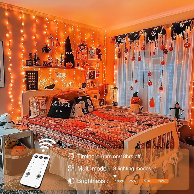 JMEXSUSS 300LED Orange Halloween Lights with Remote, 9.8x9.8ft Halloween Curtain Light, 8 Modes Orange Hanging String Lights Plug in for Fall Bedroom Thanksgiving Window Party Indoor Outdoor Decor