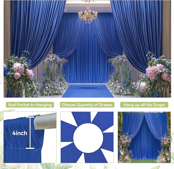 PartyVillage 50ft×15ft Royal Blue Backdrop Curtain for Wedding Parties, 10 Panels Wrinkle Free 15 FT Long Polyester Photo Backdrop Drapes Back Drop Cloth for Birthday Photography Background