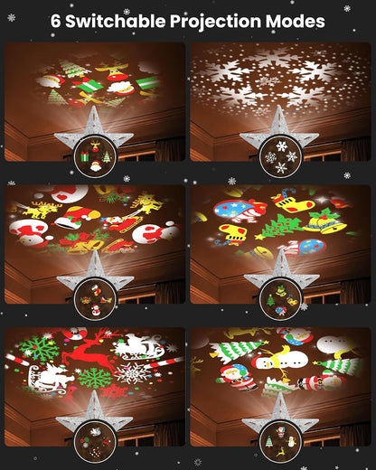 Winpull Christmas Tree Topper Star Lighted with 32.8ft Breathing Flickering Light Cord & 6 LED Projection Modes, Silver Christmas Star Topper for Indoor Xmas Holiday Tree Decoration