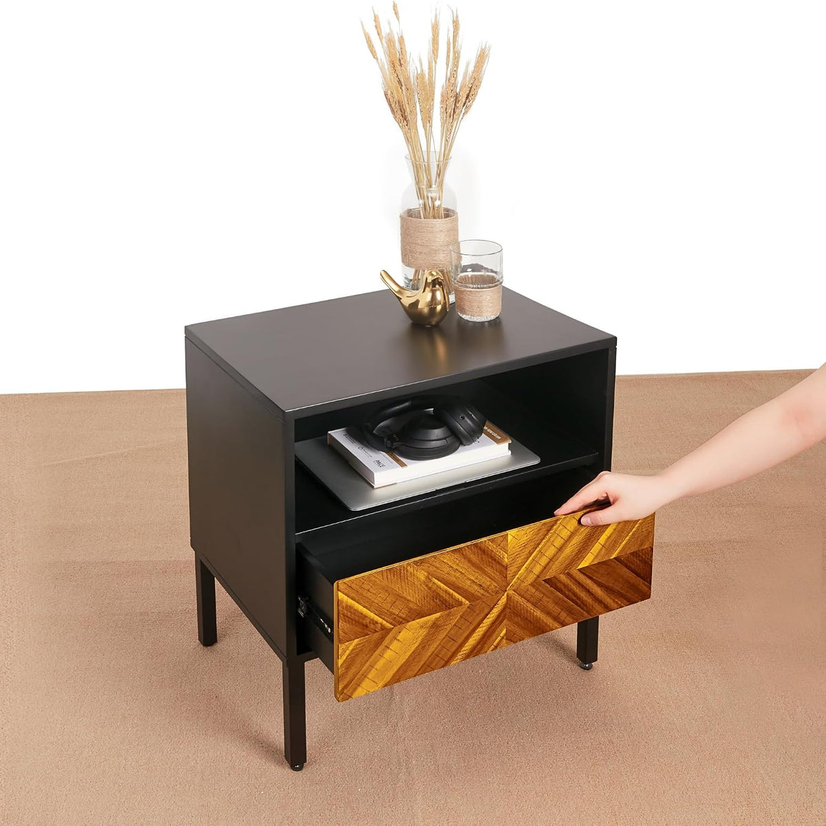 Bme Vivian Solid Wood Nightstand, End Table, Bedside Table with Herringbone Pattern for Rustic Bedroom, Easy Assembly, Rustic Golden Brown and Black