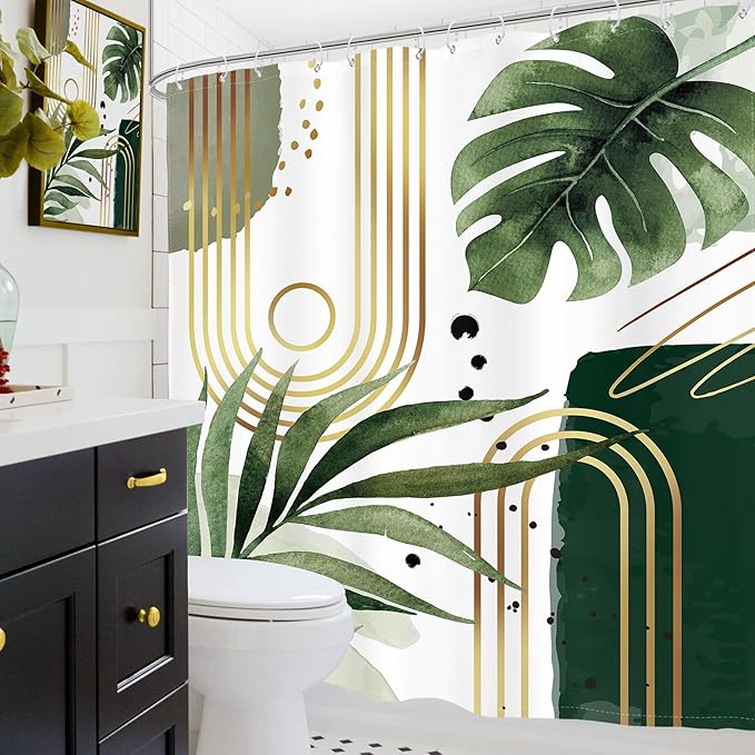 Glawry Green Gold Boho Mid Century Shower Curtain Extra Long Tropical Plant Abstract Minimalist Modern Geometric Leaf Bathroom Simple 72Wx78L Inches Bath Accessories Art Home Decor Fabric 12 Pack Hook