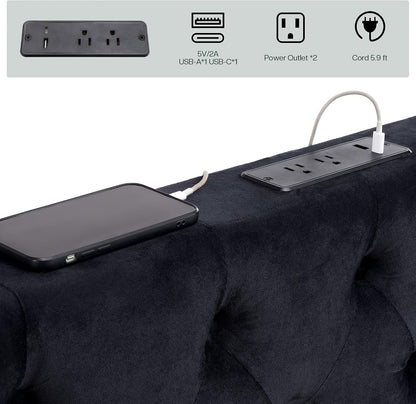 Jocisland King Canopy Bed Frame Velvet Upholstered Headboard, Black