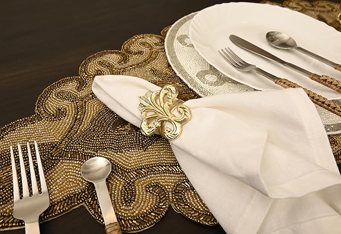 Lightweight Metal Napkin Rings Set of 12 - Fleur-de-Lis Napkin Holders for Dining Table, Weddings, and Special Events - Elegant Table Décor for Home & Restaurants (Gold) - CLEENTABLE