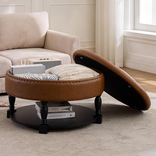 31.5 Inch Large Round Storage Ottoman with Wood Shelf Multifunctional Coffee Table Ottoman Round Storage Bench with Bottom Open Shelf for Living Room Bedroom Entryway Brown PU Leather