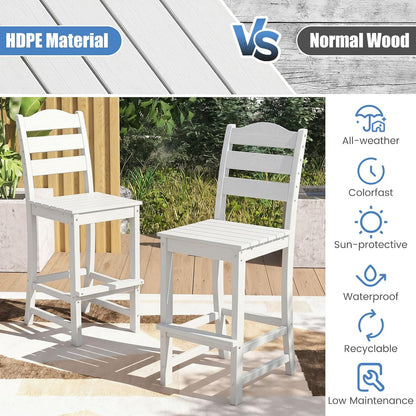 Tangkula Patio HDPE Barstool, Outdoor High Top Bar Chair w/Backrest & Footrest, All-Weather Wood-Plastic Bar Height Chair for Poolside, Backyard, Porch (2, White)