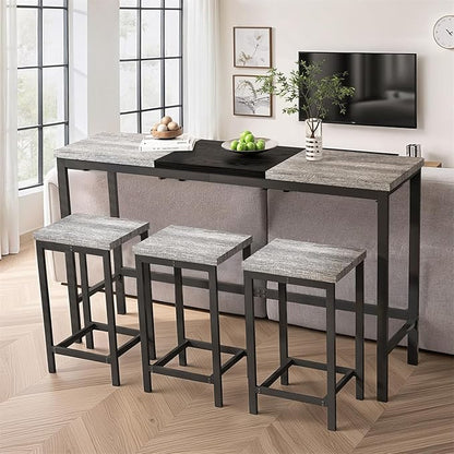 Harper & Bright Designs 4-Piece Dining Table Set, 60.2" L Wood Dining Table with 3 Stools and Metal Frame for Kitchen Dining Room, Convenient Hanging Stool Design, Grey+Black