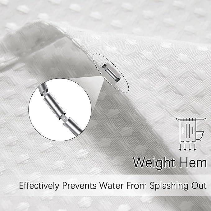Waterproof Fabric Shower Curtain, Extra Long White Waffle Simple Neutral Weighted Shower Curtains for Bathroom, 256GSM Modern Ivory Thick with 12 Hooks, 72Wx96H