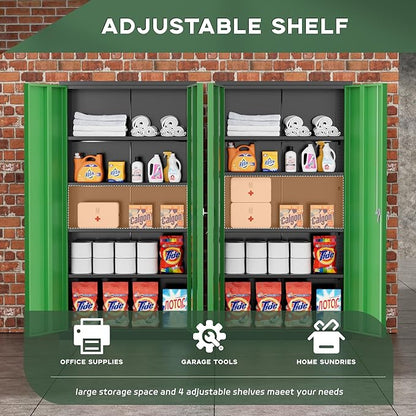Greenvelly Metal Garage Storage Cabinet with Doors and Adjustable Shelves,72" Steel Lockable File Cabinet for Home Office,Garage,School(Black Green,32" W x 16" D)
