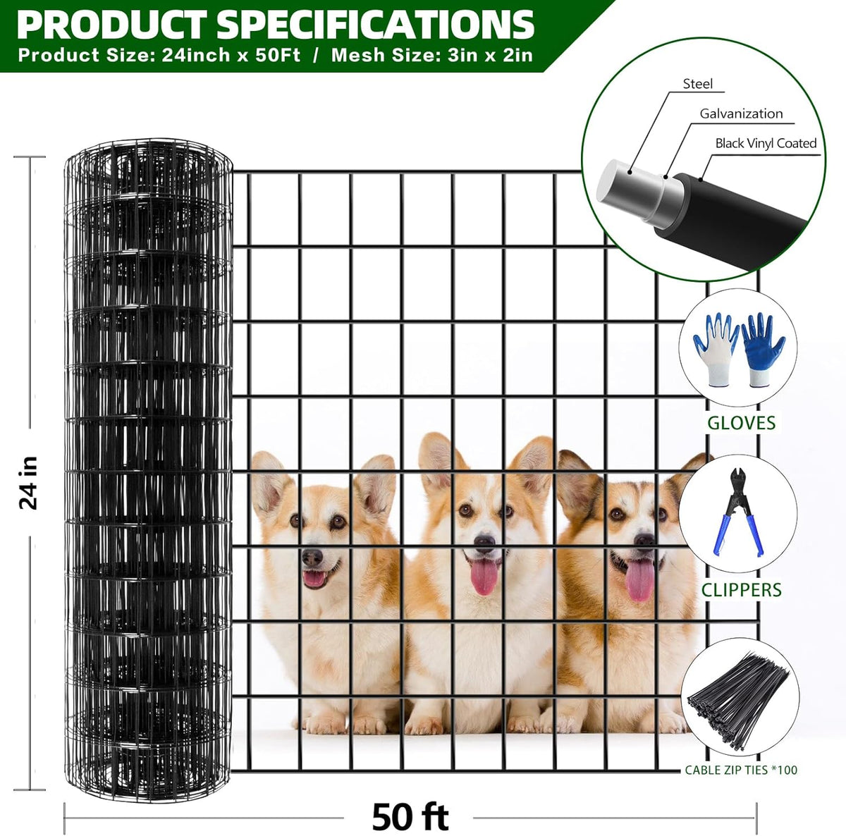 Welded Wire Fence, 50ft(L) x 24inch(H) Garden Fence for Dog, 2 Inch x 3 Inch 16GA Fencing for Chicken, PVC Coated Anti-Rust Roll Metal Wire Mesh Fence for Yard Vegetable, Black
