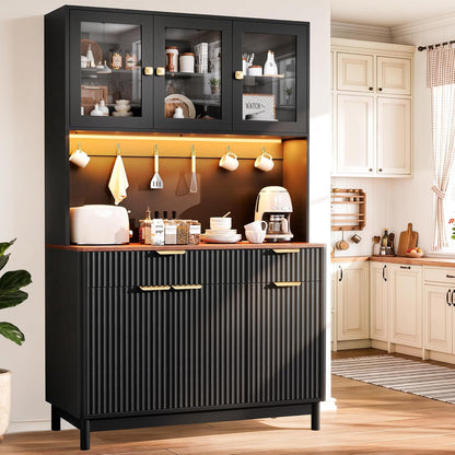 71'' Fluted Kitchen Pantry Cabinet with Power Outlet & LED Light, Food Kitchen Hutch with Countertop, Wood Pantry Storage Cabinet with a Drawer & Shelves for Living Room, Dining Room, Black