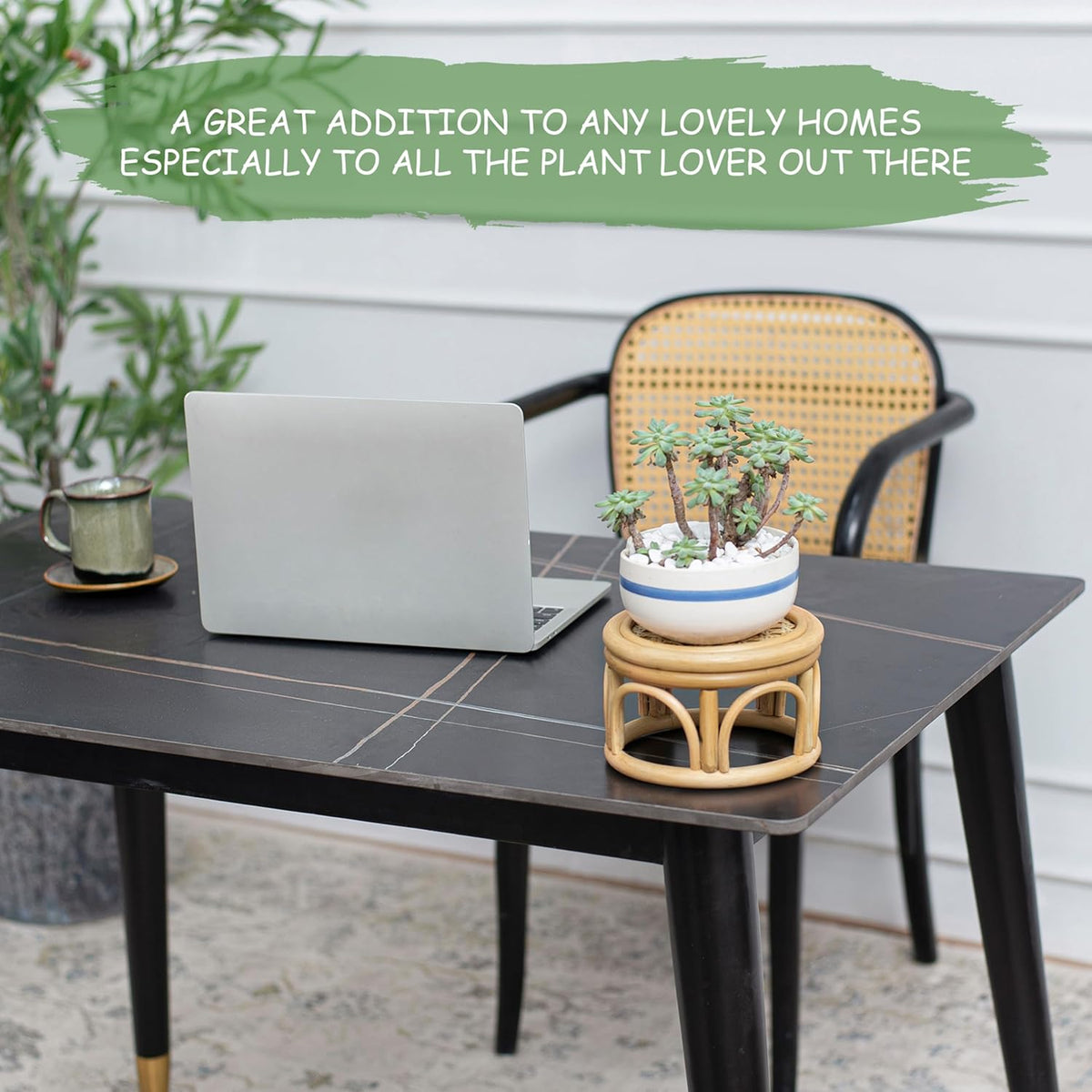 Set of 2 Small Boho Rattan Wicker Round Riser Plant Stand Indoor,Rustic Farmhouse Natural Wooden Circle Pedestal for Decor & Display, Tabletop, Office Decor