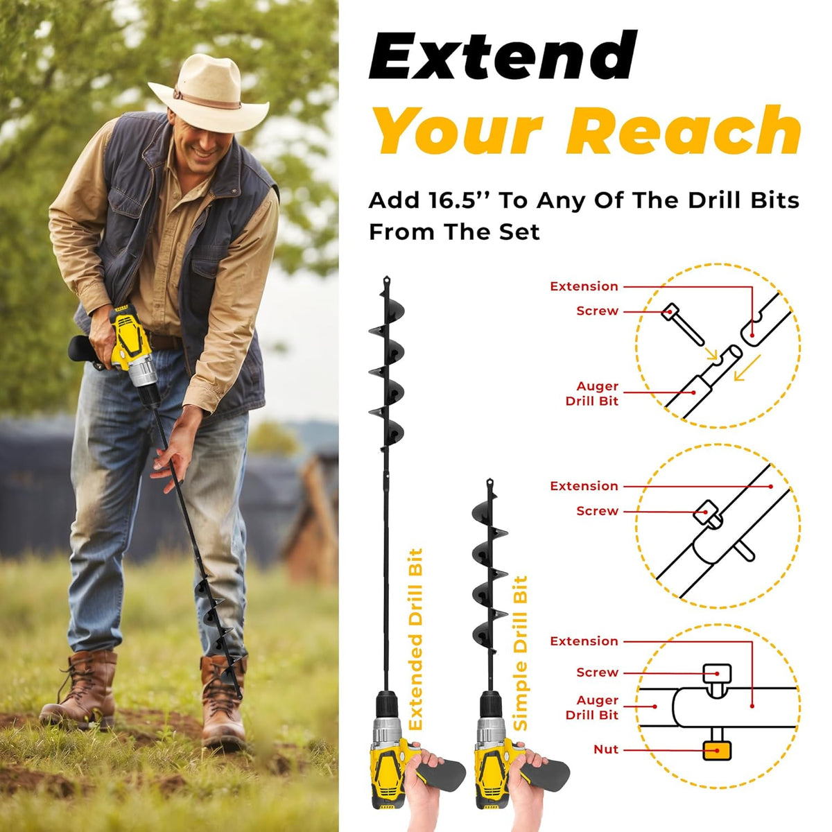 Auger Drill Bit for Planting 3 Pack with Extension - Spiral Hole Planter for Bulbs, Fence Posts, and Umbrella Holes - 3/8'' Hex Drive Drill- Gardening Hole Digger Yard Tools - Garden Drill Attachments