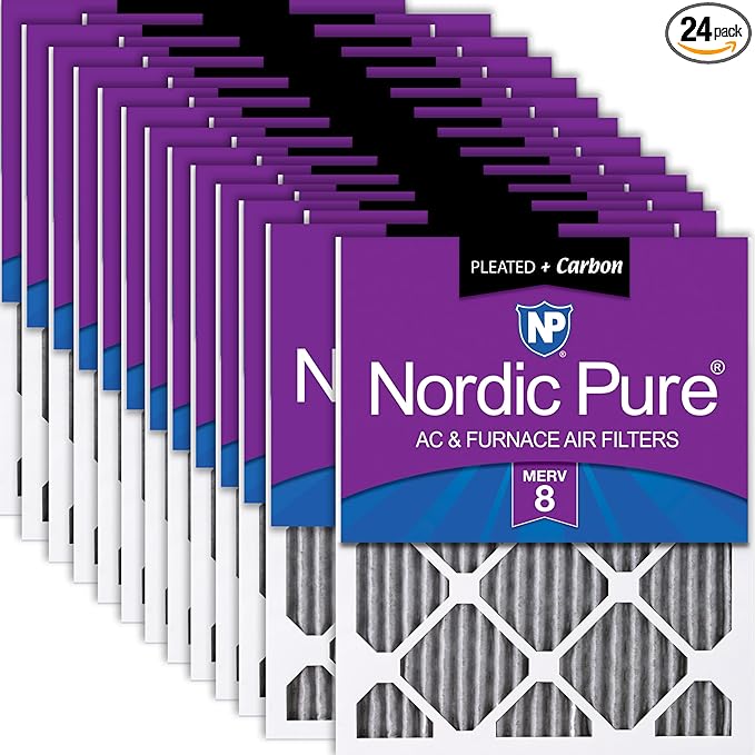 Nordic Pure 12x25x1 (Actual Size: 11 3/4 x 24 3/4 x 3/4) Furnace Air Filters MERV 8 Pleated Plus Carbon 24 Pack
