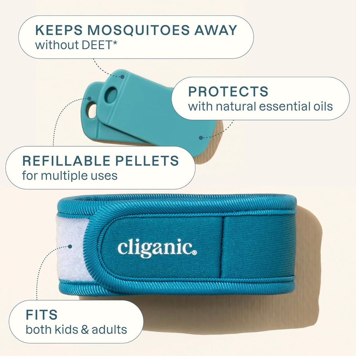 Cliganic Mosquito Repellent Pack (Wristband + 2 Refill Pellets) - Adjustable, Natural DEET-Free, Essential Oil Infused
