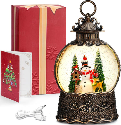 Priddop Snowman Snow Globe Christmas Decorations Indoor Deer Cardinal Snowman Gifts Classic Relief Texture Musical Glitter Snowfall USB/Battery Timer Lantern 10.6 inch