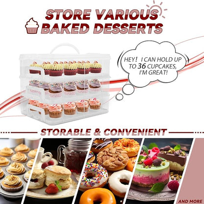 Cupcake Carrier, 3-Tiers Cupcake Containers, Holds 36 Cupcakes or 3 Large Cakes, Cupcake Holder, Cupcake Box with Lid and Handle (White, Basic)
