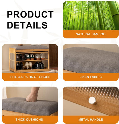 Bamboo Shoe Storage Bench with Seat Cushion for Entryway, 27" Farmhouse Small Shoe Rack with Hidden Flip-Top Storage & Dustproof Acrylic Door, 2-Tier Narrow Shoe Cabinet Organizer, Natural