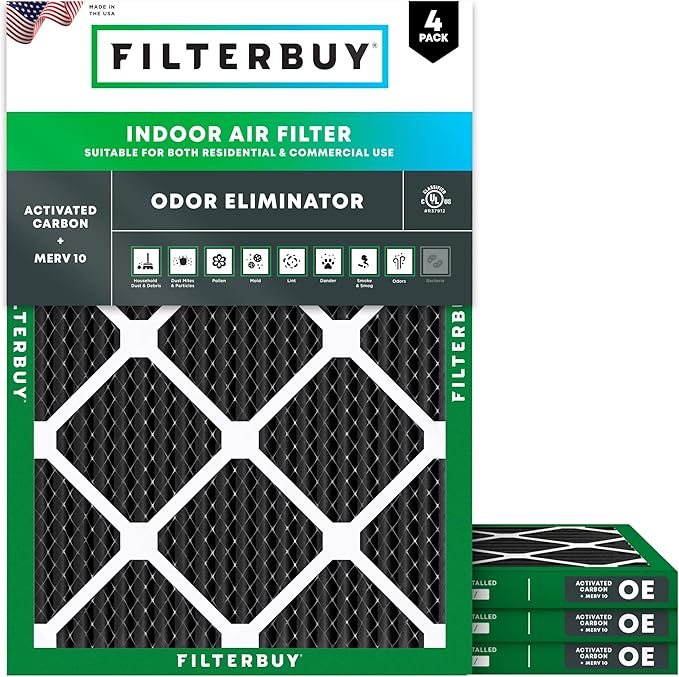Filterbuy 20x24x1 Air Filter MERV 10 Odor & Allergy Defense with Activated Carbon (4-Pack), Electrostatic Pleated HVAC AC Furnace Filters Replacement, Made in USA (Actual Size: 19.38 x 23.38 x 0.75)
