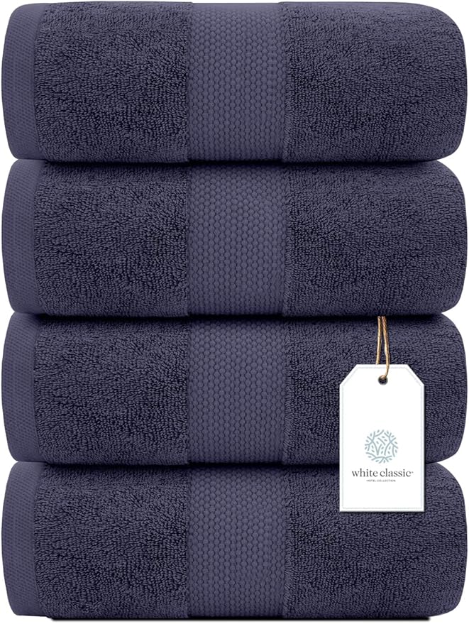 White Classic Luxury Bath Towels Set of 4 Large - 700 GSM Cotton Ultra Soft Bath Towels 27x54 | Highly Absorbent and Quick Dry | Hotel Towels for Bathroom Luxury, Plush Shower Towels, Navy