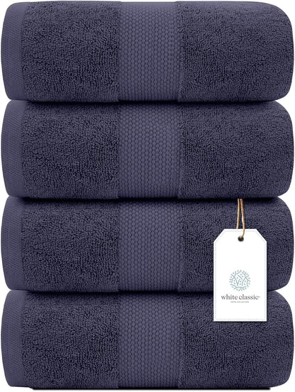 White Classic Luxury Bath Towels Set of 4 Large - 700 GSM Cotton Ultra Soft Bath Towels 27x54 | Highly Absorbent and Quick Dry | Hotel Towels for Bathroom Luxury, Plush Shower Towels, Navy