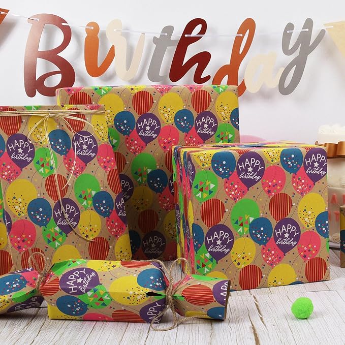 LaRibbons Birthday Wrapping Paper Roll for Kids, 30 Inch x 33 Feet (83 sq. ft. ttl.) Kraft Gift Wrap Paper with Colorful Balloon Pattern for Baby Shower Holiday Party