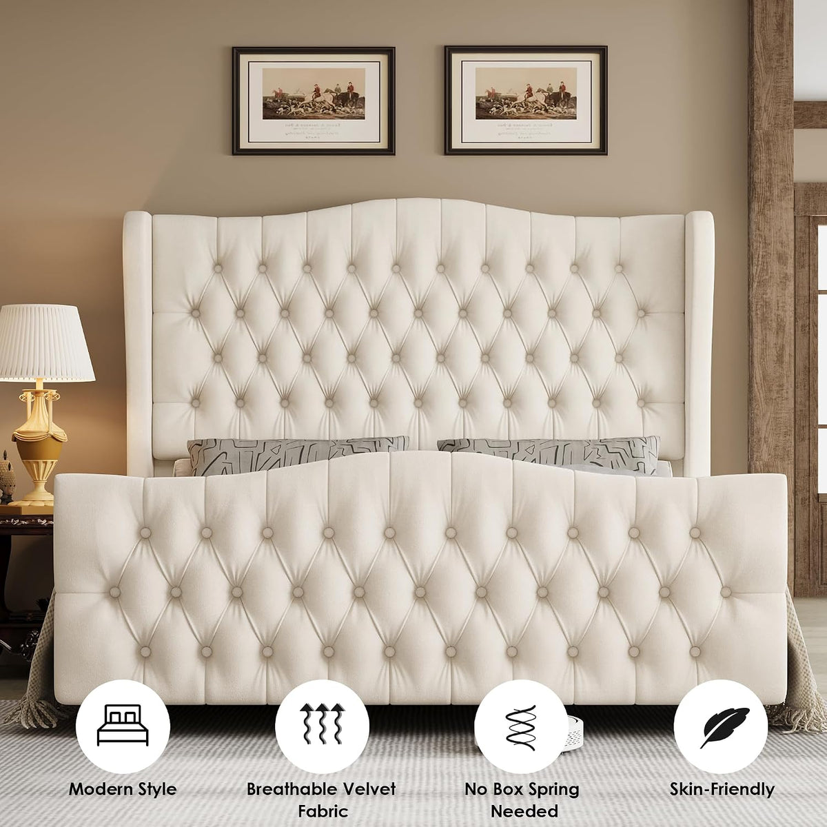 Keyluv Full Size 54.3" Tall Bed Frame with Wingback Headboard & Footboard