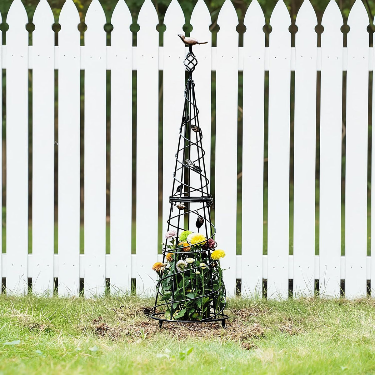 Garden Obelisk 40.5 Inch Metal Trellis for Climbing Plants - Sturdy Support for Rose Bushes & Tall Vines, Featuring Decorative Bird and Leaf Elements, Perfect for Garden Decor