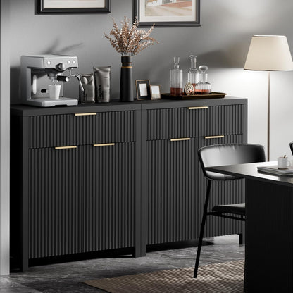 Lulive Black Fluted Storage Cabinet with Drawers Buffet Sideboard Cabinet with Adjustable Shelves for Kitchen Living Room, Kitchen, Entryway