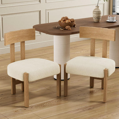 Okeysen Set of 4 Mid-Century Modern Dining Chair, Armless Round Boucle Upholstered Kitchen Chairs with Wooden Legs and Back, Farmhouse Dining Room Accent Chairs, White